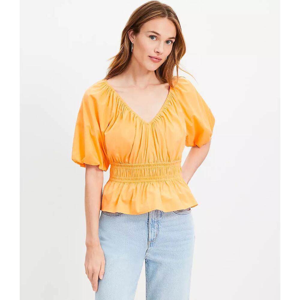 LOFT NEW Tangerine Orange V-Neck Puff Sleeve Peplum Blouse Top Womens XS
